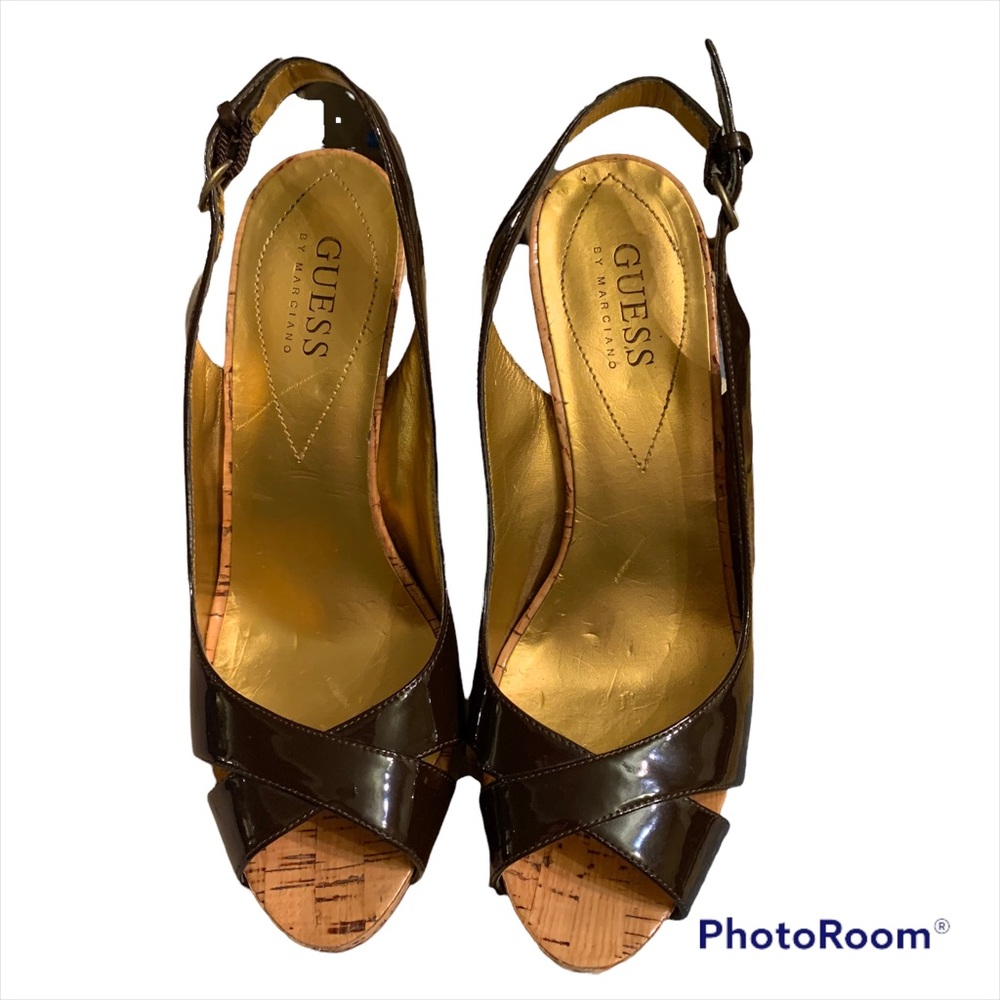 Guess Patent Leather Brown Cork Heel Sandles